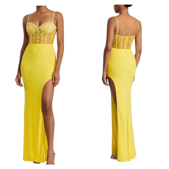 Mac Duggal Yellow Beaded Gown 44029 XS NWT Sweetheart Slit Formal Dress - Picture 1 of 6